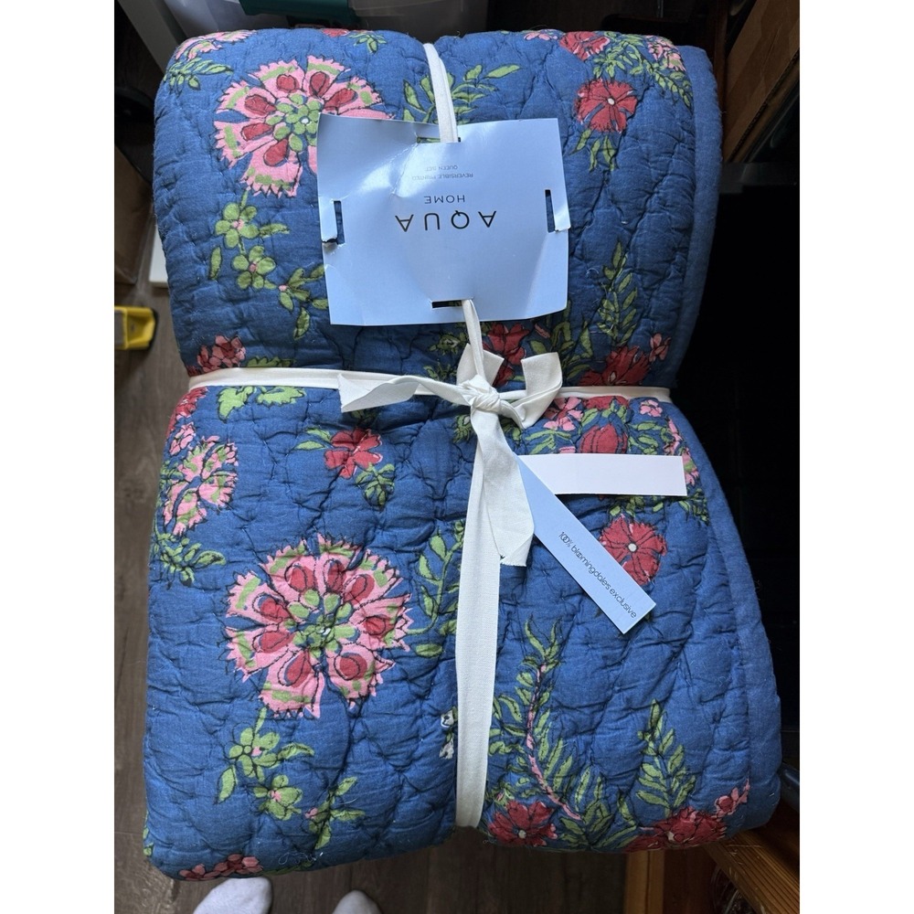Aqua QUEEN Quilt & Shams Set Reversible Blue Toile Printed Floral Cotton Navy - Picture 6 of 11